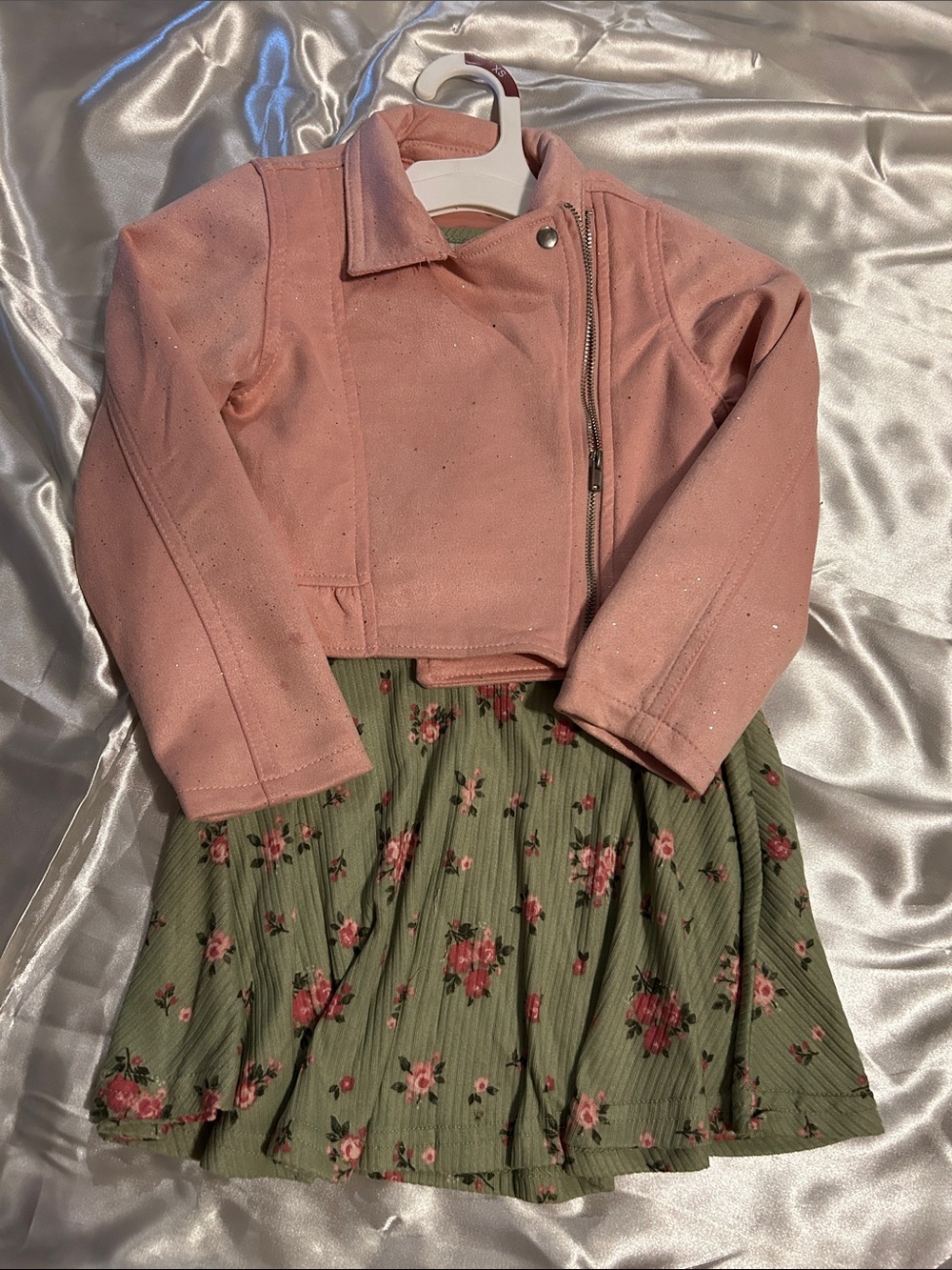 Pink Glitter Moto Jacket with Olive Floral Skirt Set for Kids